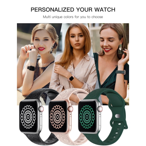 3 Packs Compatible with Apple Watch Band 38mm 40mm 41mm Women Men Soft Silicone Laser Engraved Flower Pattern Bracelet Sport Strap for iWatch Series