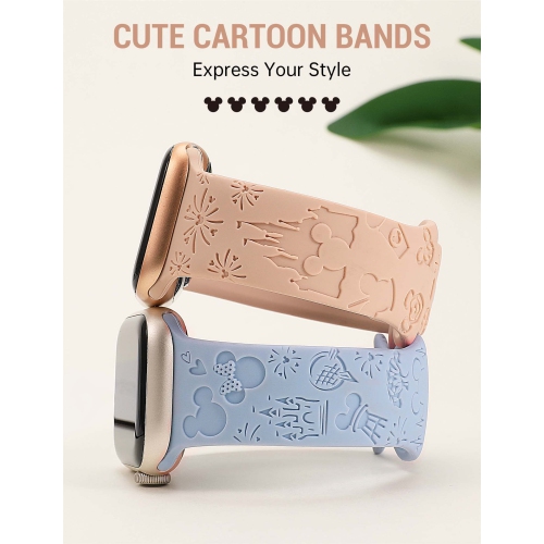 2 Packs Cartoon Engraved Bands Compatible with Apple Watch Bands 49mm 45mm 44mm 42mm Women, Cute Designer Soft Silicone Strap for iWatch Series