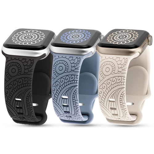 3-Pack Compatible with Apple Watch Band 42mm 44mm 45mm Women Men Soft Silicone Laser Engraved Flower Pattern Bracelet Sport Strap for iWatch Series 8