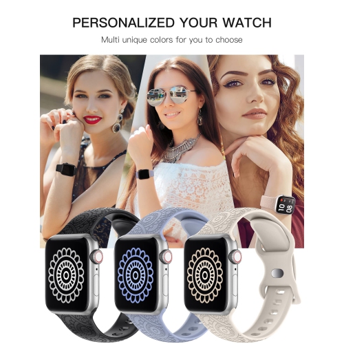 3-Pack Compatible with Apple Watch Band 42mm 44mm 45mm Women Men Soft Silicone Laser Engraved Flower Pattern Bracelet Sport Strap for iWatch Series 8