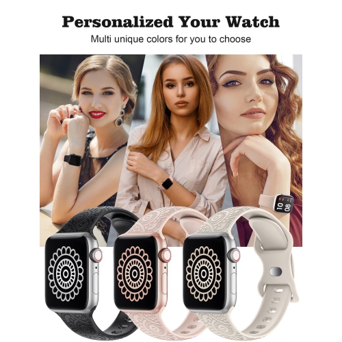 Paquet de 3 44&nbsp;mm bracelets sport à fleur gravée au laser silicone souple pour hommes 45&nbsp;mm de 42&nbsp;mm compatibles avec le bracelet