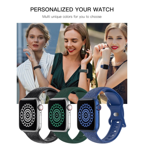 3 Packs Compatible with Apple Watch Band 42mm 44mm 45mm Women Men Soft Silicone Laser Engraved Flower Pattern Bracelet Cute Sport Strap for iWatch