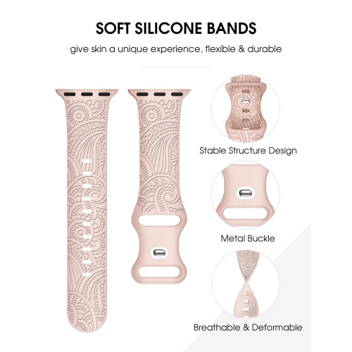 3 Packs Compatible with Apple Watch Band 42mm 44mm 45mm Women Men Soft Silicone Laser Engraved Flower Pattern Bracelet Sport Strap for iWatch Series