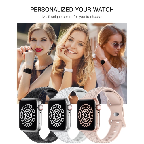 3 Packs Compatible with Apple Watch Band 42mm 44mm 45mm Women Men Soft Silicone Laser Engraved Flower Pattern Bracelet Sport Strap for iWatch Series