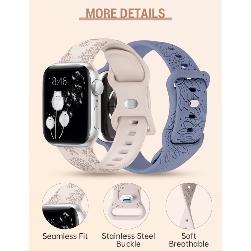 2 Packs Compatible with Apple Watch Band 41mm 40mm 38mm Women Girls Silicone Dressy Floral Engraved Strap Sunflower Wildflower Sport Bracelet for