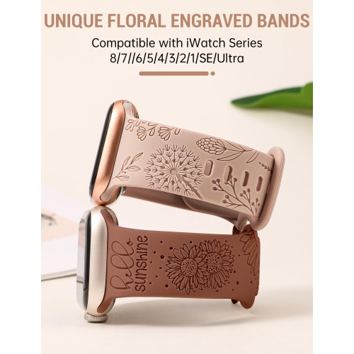 2 Packs Compatible with Apple Watch Band 41mm 40mm 38mm Women Girls Silicone Dressy Floral Engraved Strap Sunflower Wildflower Sport Bracelet for