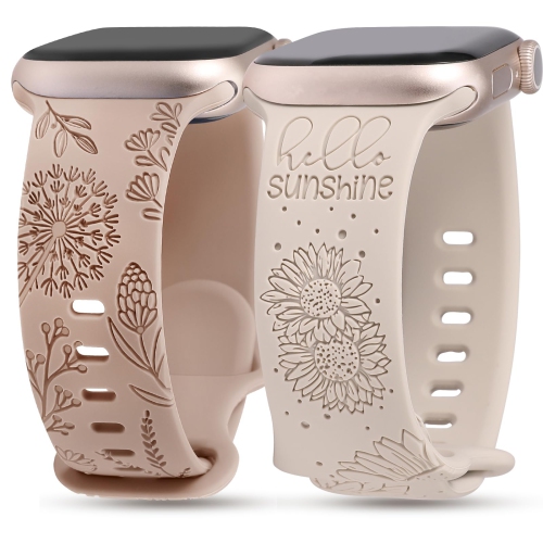 2 Packs Compatible with Apple Watch Band 41mm 40mm 38mm Women Girls Silicone Dressy Floral Engraved Strap Sunflower Wildflower Sport Bracelet for