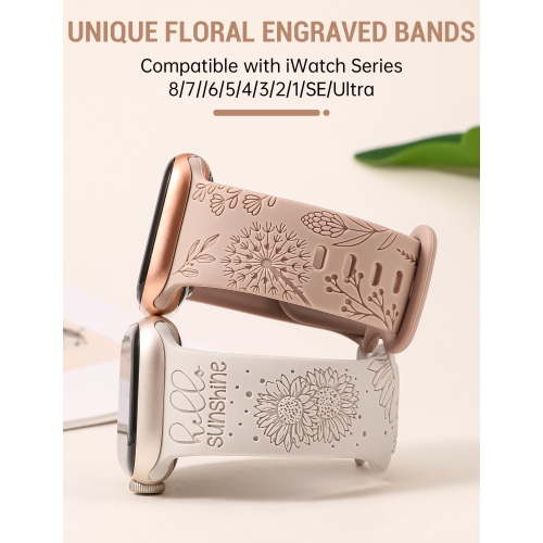 2 Packs Compatible with Apple Watch Band 41mm 40mm 38mm Women Girls Silicone Dressy Floral Engraved Strap Sunflower Wildflower Sport Bracelet for