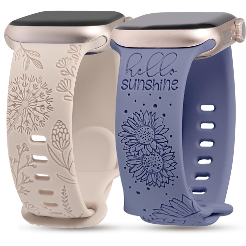 2 Packs Compatible with Apple Watch Band 42mm 44mm 45mm 49mm Women Girls Silicone Dressy Sunflower Floral Engraved Strap Sport Bracelet for iWatch Se