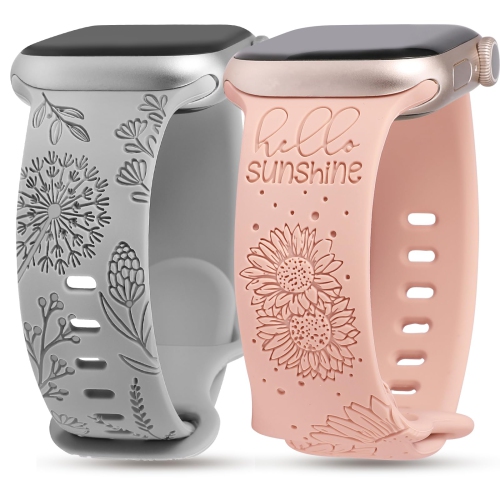 2 Packs Compatible with Apple Watch Band 42mm 44mm 45mm 49mm Women Girls Silicone Dressy Sunflower Floral Engraved Strap Sport Bracelet for iWatch Se