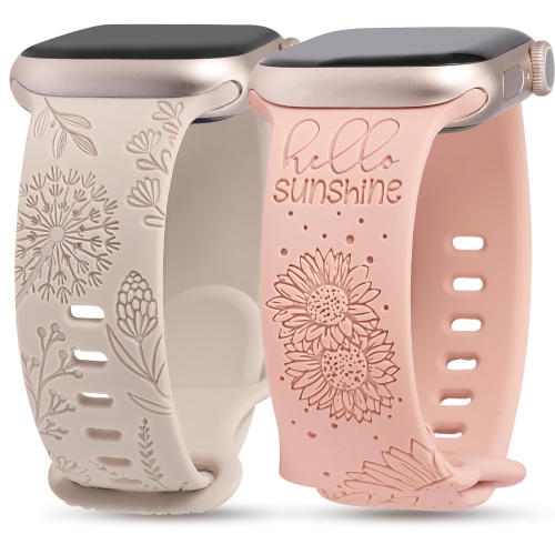 2 Packs Compatible with Apple Watch Band 42mm 44mm 45mm 49mm Women Girls Silicone Dressy Sunflower Floral Engraved Strap Sport Bracelet for iWatch Se