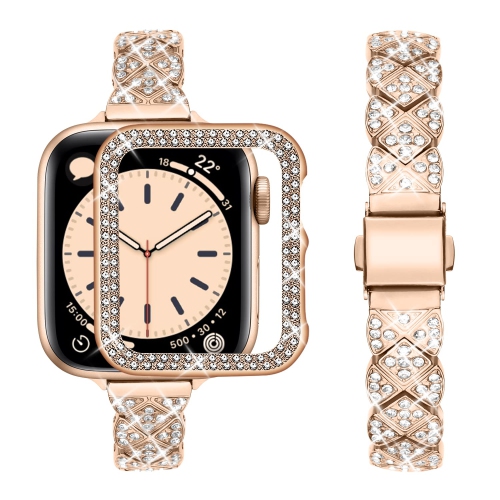 HLD  Apple Watch Band 44MM With Case Women, Jewelry Bling Metal Straps Bracelet for Apple Watch Bands Series 8 Se 7 6 5 4 3 2 1(44MM Rose Gold)