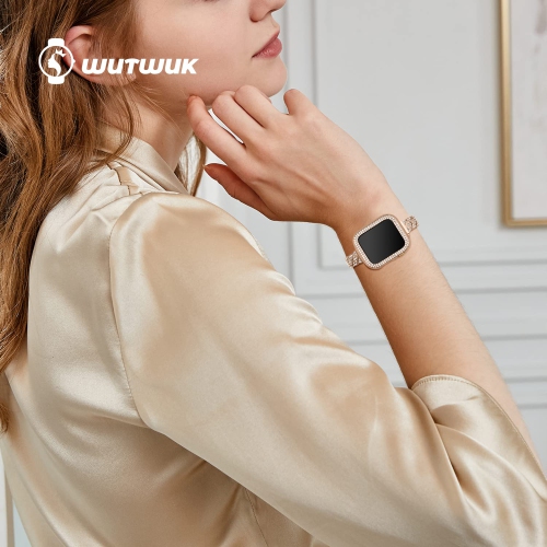 Apple Watch Band 44mm with Case Women,Jewelry Bling Metal Straps Bracelet for Apple Watch Bands Series 8 SE 7 6 5 4 3 2 1(44mm Rose Gold)