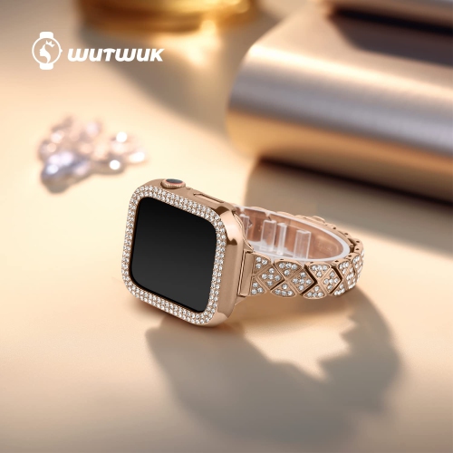 Apple Watch Band 44mm with Case Women,Jewelry Bling Metal Straps Bracelet for Apple Watch Bands Series 8 SE 7 6 5 4 3 2 1(44mm Rose Gold)