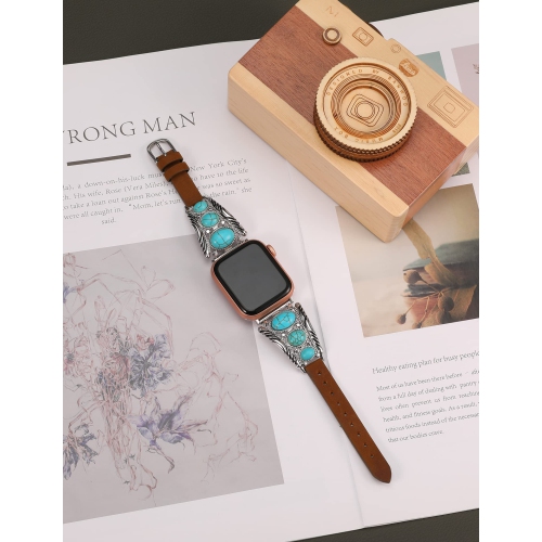 Bracelet en cuir compatible avec le bracelet Apple Watch 41&nbsp;mm montre 38&nbsp;mm 40&nbsp;mm femmes Turquoise rétro bijoux pierres de Bohême