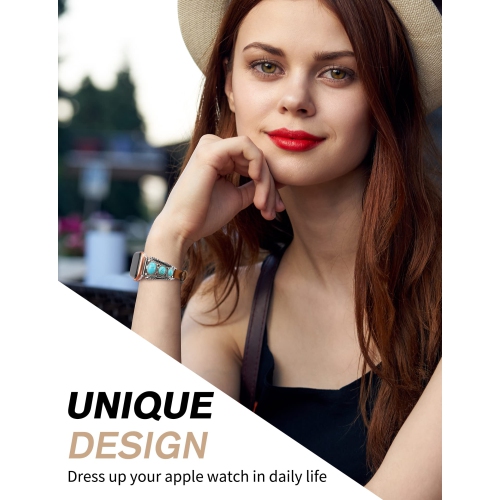 Bracelet en cuir compatible avec le bracelet Apple Watch 41&nbsp;mm montre 38&nbsp;mm 40&nbsp;mm femmes Turquoise rétro bijoux pierres de Bohême