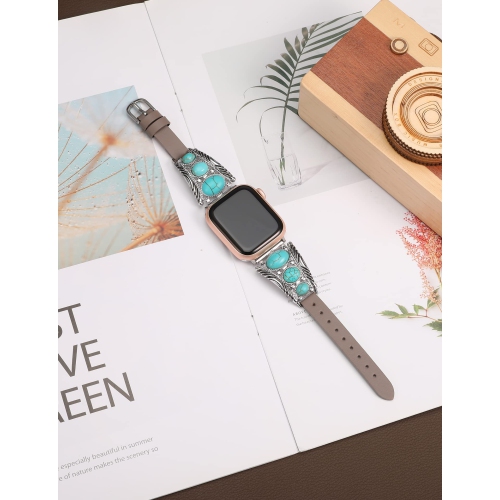 Bracelet en cuir compatible avec le bracelet Apple Watch 41 mm montre 38 mm 40 mm femmes Turquoise rétro bijoux en pierre style