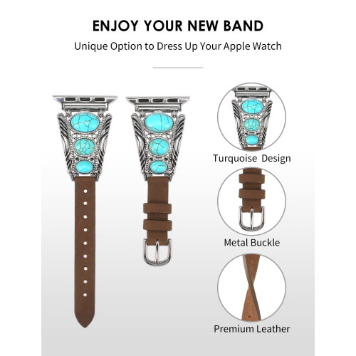 Leather Bracelet Compatible with Apple Watch Band 49mm 45mm 44mm 42mm Women Vintage Turquoise Bohemian Stone Jewelry Designer Strap for iWatch Series