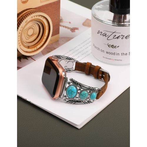 Leather Bracelet Compatible with Apple Watch Band 49mm 45mm 44mm 42mm Women Vintage Turquoise Bohemian Stone Jewelry Designer Strap for iWatch Series