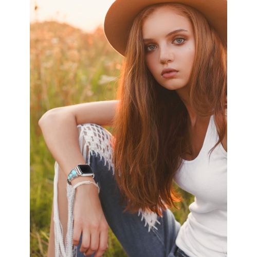 Leather Bracelet Compatible with Apple Watch Band 49mm 45mm 44mm 42mm Women Vintage Turquoise Bohemian Stone Jewelry Designer Strap for iWatch Series