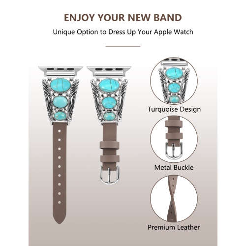 Leather Bracelet Compatible with Apple Watch Band 49mm 45mm 44mm 42mm Women Vintage Turquoise Bohemian Stone Jewelry Designer Strap for iWatch Series