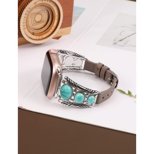 Leather Bracelet Compatible with Apple Watch Band 49mm 45mm 44mm 42mm Women Vintage Turquoise Bohemian Stone Jewelry Designer Strap for iWatch Series