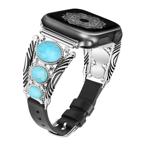 Leather Bracelet Compatible with Apple Watch Band 49mm 45mm 44mm 42mm Women Vintage Turquoise Bohemian Stone Jewelry Designer Strap for iWatch Series