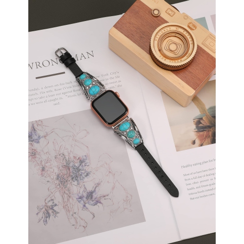 Leather Bracelet Compatible with Apple Watch Band 49mm 45mm 44mm 42mm Women Vintage Turquoise Bohemian Stone Jewelry Designer Strap for iWatch Series