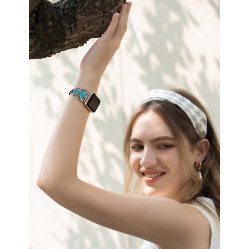Leather Bracelet Compatible with Apple Watch Band 49mm 45mm 44mm 42mm Women Vintage Turquoise Bohemian Stone Jewelry Designer Strap for iWatch Series