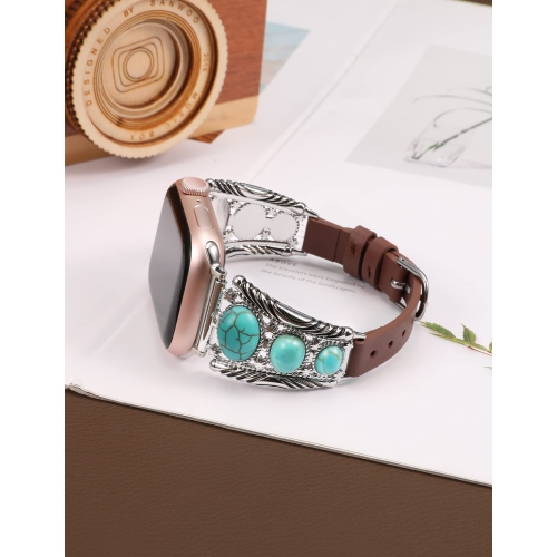 Leather Bracelet Compatible with Apple Watch Band 49mm 45mm 44mm 42mm Women Vintage Turquoise Bohemian Stone Jewelry Designer Strap for iWatch Series