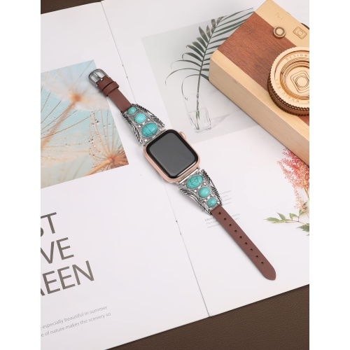 Leather Bracelet Compatible with Apple Watch Band 49mm 45mm 44mm 42mm Women Vintage Turquoise Bohemian Stone Jewelry Designer Strap for iWatch Series