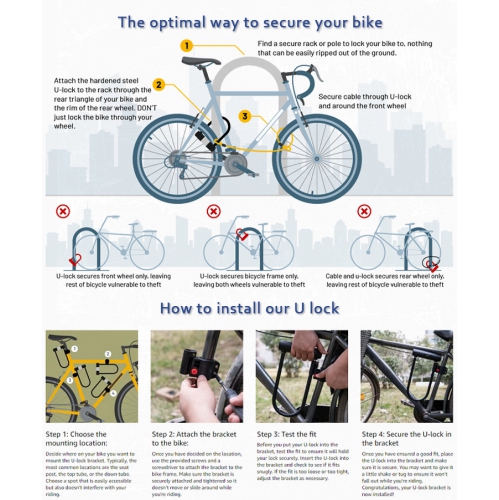 Heavy Duty Bike U Lock 14mm Shackle x 1.8m Cable Hardened Steel Bicycle Lock Anti-Theft D Lock with Mounting Bracket & 2 Keys, Certified for Road,