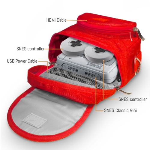 Travel Bag for Super Nintendo Mini Classic Edition - Fits Console + Cable + 2 Controllers - Includes Shoulder Strap + Carry Handle - RED