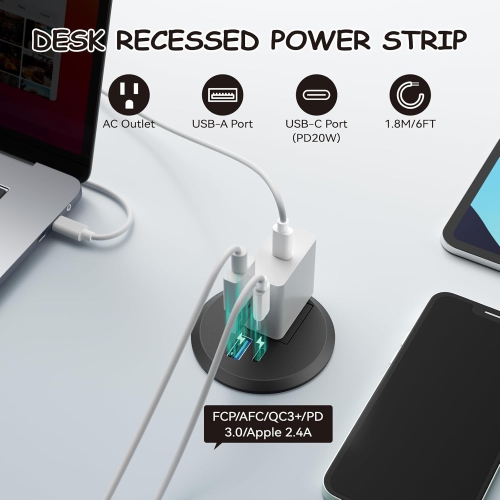 2 inch Desktop Power Grommet, PD 20W USB C Recessed Strip with AC Outlet and 18W USB A Charging Port, Hidden Round Power Outlets w 6FT Extension