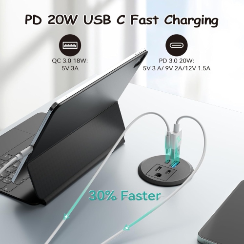 2 inch Desktop Power Grommet, PD 20W USB C Recessed Strip with AC Outlet and 18W USB A Charging Port, Hidden Round Power Outlets w 6FT Extension