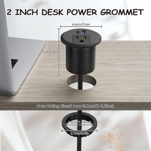 2 inch Desktop Power Grommet, PD 20W USB C Recessed Strip with AC Outlet and 18W USB A Charging Port, Hidden Round Power Outlets w 6FT Extension