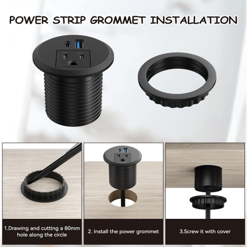 2 inch Desktop Power Grommet, PD 20W USB C Recessed Strip with AC Outlet and 18W USB A Charging Port, Hidden Round Power Outlets w 6FT Extension