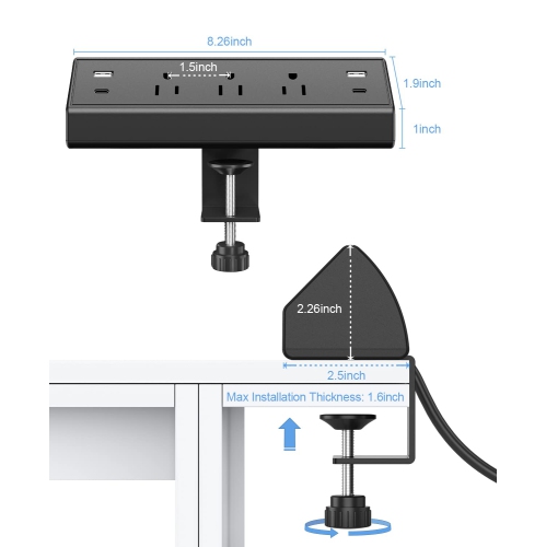 Desk Clamp Power Strip,Desktop Mount Surge Protector,40W Fast Charging Station,2 PD 20W USB C Ports,3 Outlets,6FT Flat Plug for Home,Office,Fit 1.6"