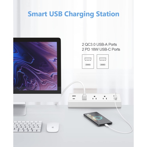 Desk Clamp Power Strip USB C,2 PD 20W USB C Charger,Total 40W Fast Charging Station,Desk Edge Mount Power Strip,3 Widely Spaced Outlets Surge