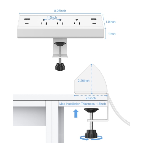 Desk Clamp Power Strip USB C,2 PD 20W USB C Charger,Total 40W Fast Charging Station,Desk Edge Mount Power Strip,3 Widely Spaced Outlets Surge