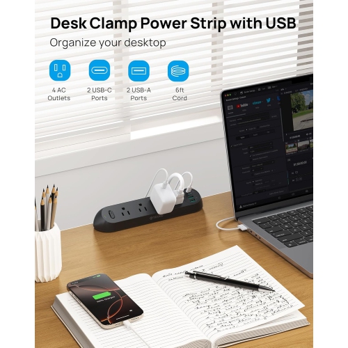 Desk Clamp Power Strip with USB-C PD 20W, Surge Protector, 4 AC Outlets & 4 USB Ports, ETL Listed, 6ft Flat Plug Extension Cord, Fits 1.97" Table