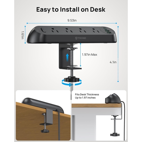 Desk Clamp Power Strip with USB-C PD 20W, Surge Protector, 4 AC Outlets & 4 USB Ports, ETL Listed, 6ft Flat Plug Extension Cord, Fits 1.97" Table