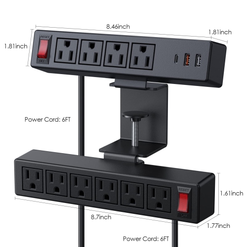 2 in 1 Desktop Edge Power Strip,Removable Clamp Power Outlet Socket Under Desk 6AC Outlests with Switch & 4 AC Outlets 2 USB-A Ports,1 USB-C Port,6.5