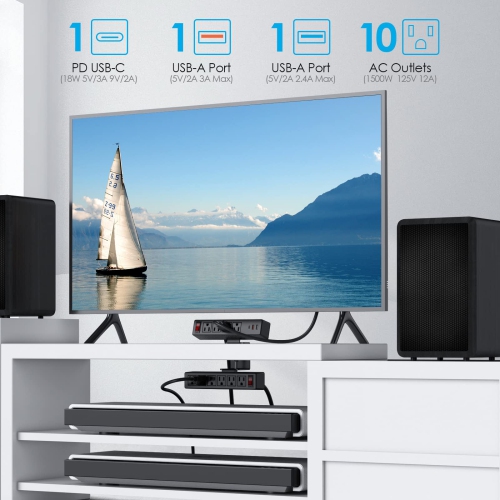 2 in 1 Desktop Edge Power Strip,Removable Clamp Power Outlet Socket Under Desk 6AC Outlests with Switch & 4 AC Outlets 2 USB-A Ports,1 USB-C Port,6.5