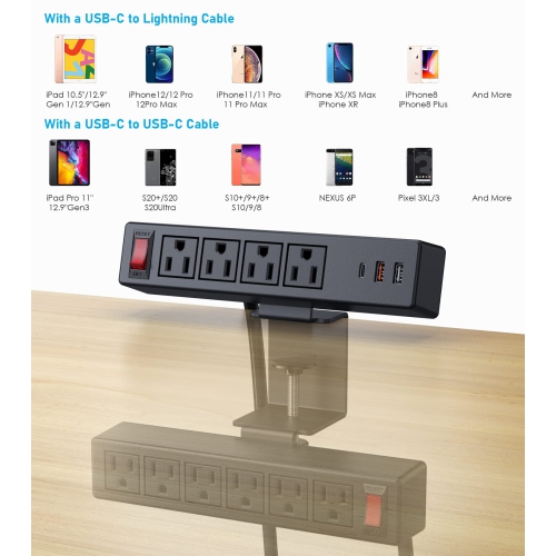 2 in 1 Desktop Edge Power Strip,Removable Clamp Power Outlet Socket Under Desk 6AC Outlests with Switch & 4 AC Outlets 2 USB-A Ports,1 USB-C Port,6.5
