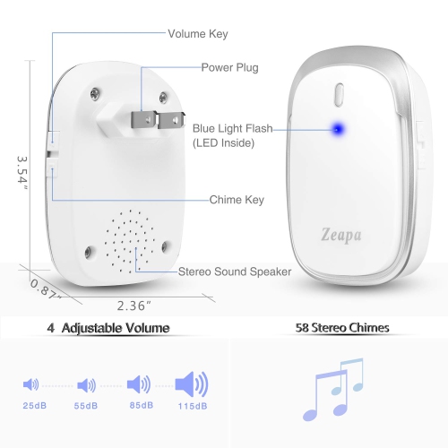 Sonnette sans fil, récepteurs 2-Plugin, 2 émetteurs, batterie incluse, portée 1300&nbsp;pi, 58 Chimes, 4 volume, fort, voyant DEL lumineux, étanche,