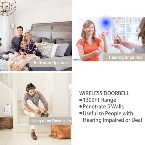 Sonnette sans fil, récepteurs 2-Plugin, 2 émetteurs, batterie incluse, portée 1300&nbsp;pi, 58 Chimes, 4 volume, fort, voyant DEL lumineux, étanche,