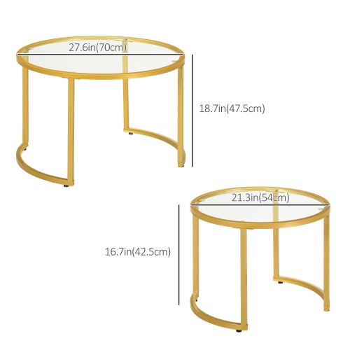 HOMCOM – Ensemble de 2 tables basses gigognes modernes avec dessus en verre trempé et cadre en acier pour salon, doré