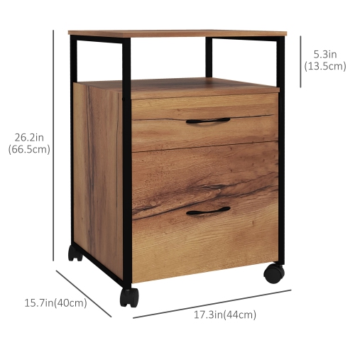 Vinsetto Vertical Filing Cabinet with Wheels, 26.2" Tall File Cabinet with 2 Drawers, Open Shelf, Hanging Bars for Letter and A4 Size, Industrial