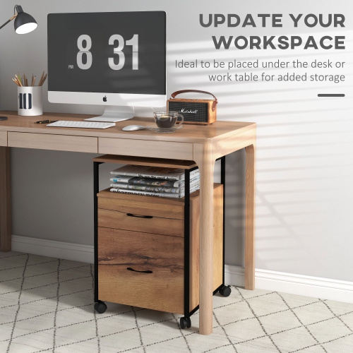 Vinsetto Vertical Filing Cabinet with Wheels, 26.2" Tall File Cabinet with 2 Drawers, Open Shelf, Hanging Bars for Letter and A4 Size, Industrial